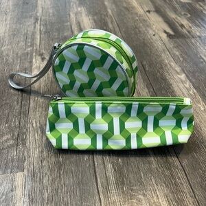 Clinique Green Geometric Print Cosmetic Makeup Bag Bundle Zip Top Round Wristlet